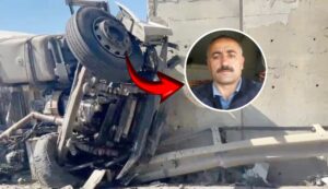 LASTİĞİ PATLAYAN KAMYON KÖPRÜ AYAĞINA ÇARPTI 